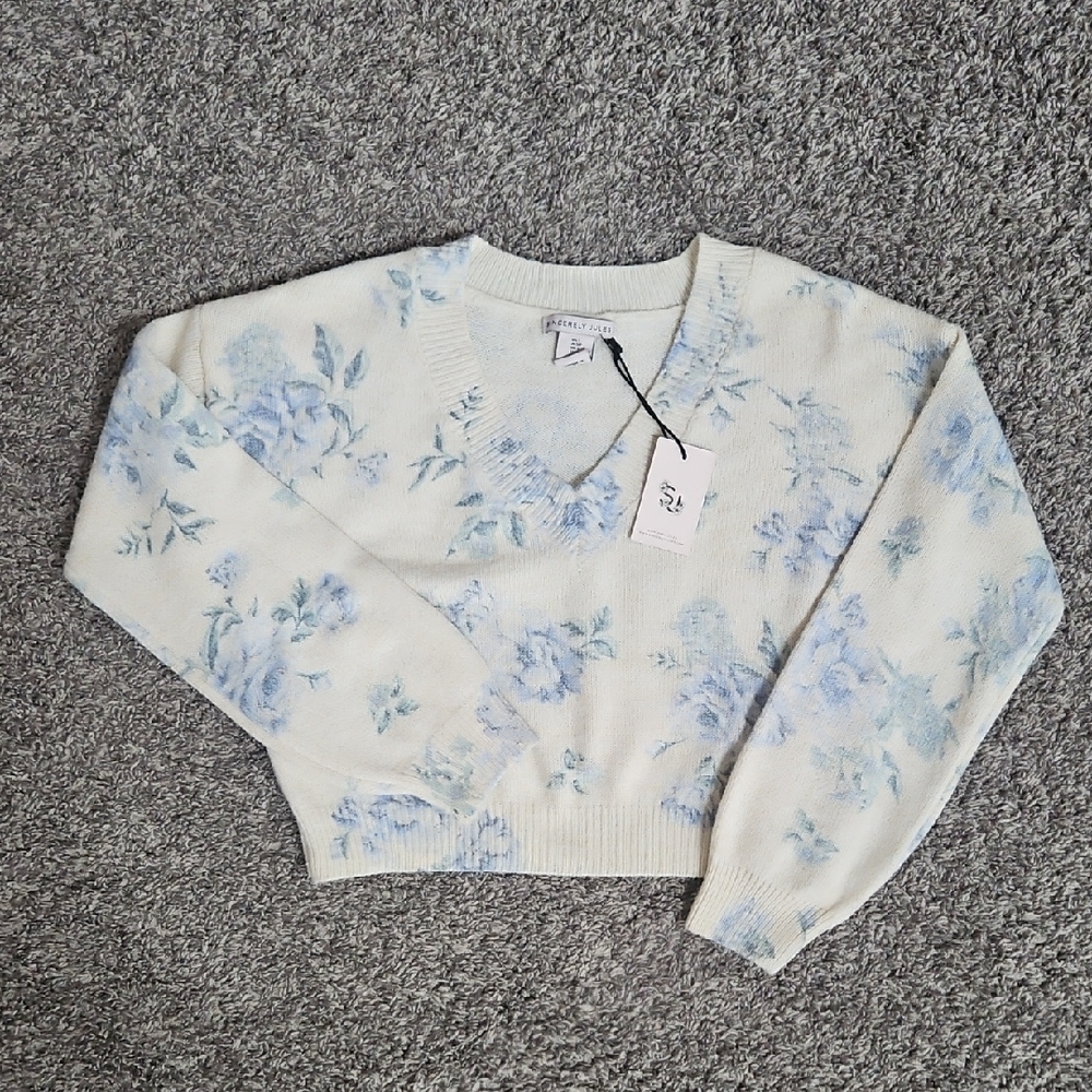 Sincerely Jules Blue Floral V-Neck Sweater